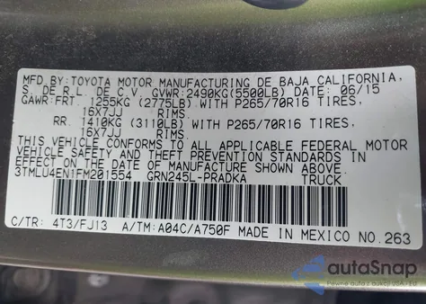 2015 Toyota Tacoma Base V6 z USA, uszkodzony, nr VIN 3TMLU4EN1FM201554